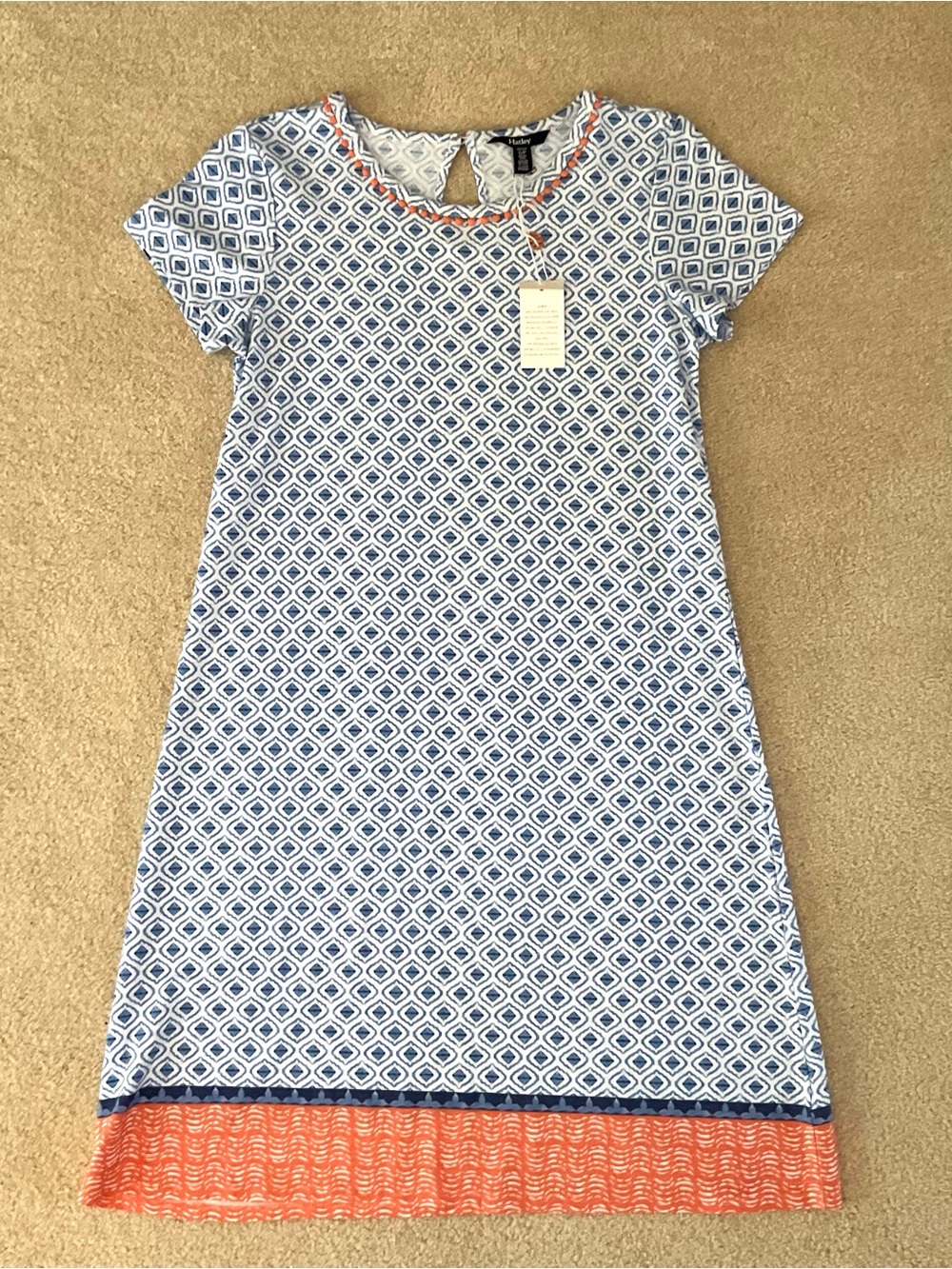NWT Hatley Blue & White Geometric Dress with Orange Pom Trim, S/P